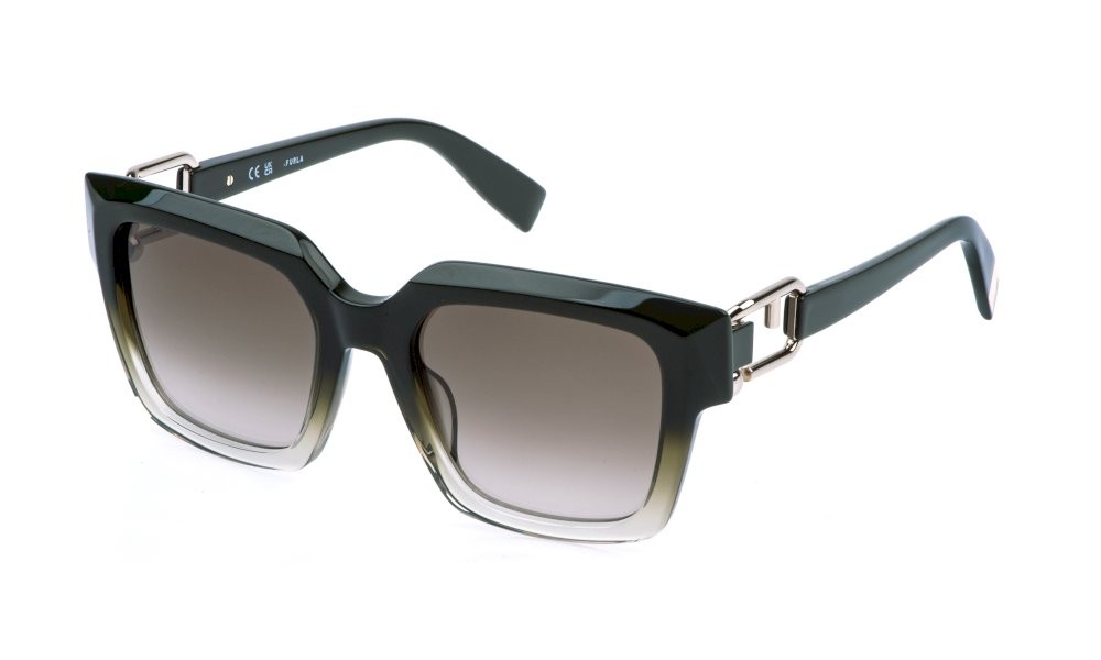 Sunglasses Furla SFU981 (07C7) color verde oliva sfumato cristallo lucido lenses brown gradient brown