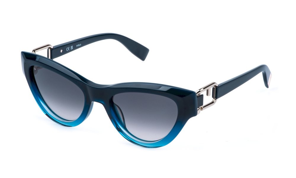 Sunglasses Furla SFU982 (08Y6) color blu scuro sfumato blu chiaro lucido lenses smoke gradient