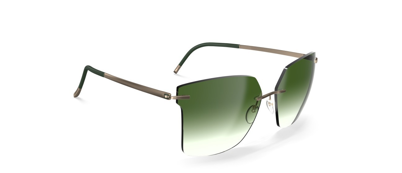 Occhiali da sole Silhouette Rimless Shades 08740 8540 colore classic green gradient forma rettangolare lenti 8540