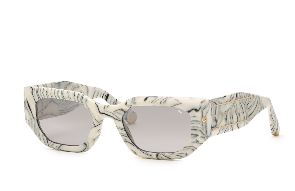 Occhiali da sole Philipp Plein SPP066M (09YL) colore avorio marmorizzato lenti smoke deg.mirror silver
