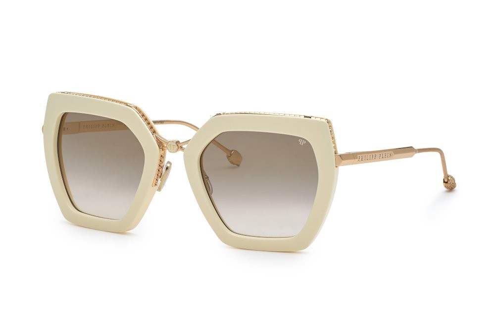 Occhiali da sole Philipp Plein Plein queen SPP097S (9ZQG) colore avorio pieno lucido lenti brown grad.mirror gold