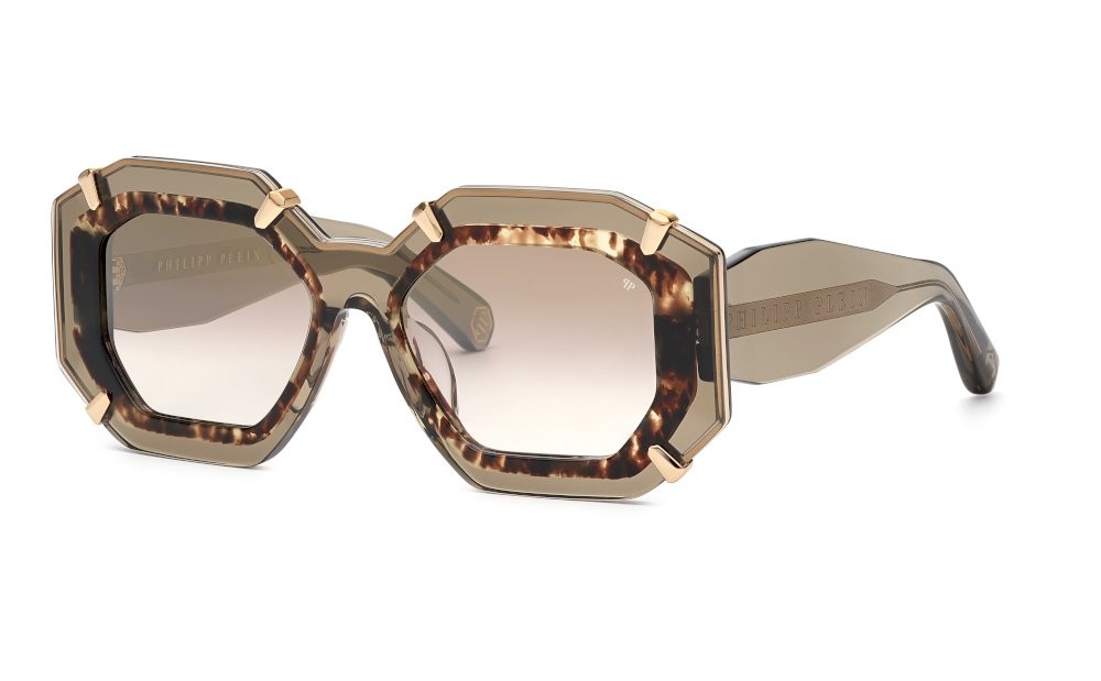Occhiali da sole Philipp Plein Plein supreme star SPP098V (G61G) colore verde trasparente lucido lenti brown grad. mirror gold