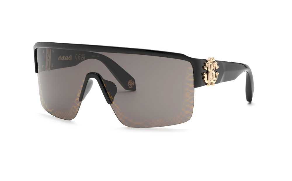 Occhiali da sole Roberto Cavalli SRC037M (Z42L) colore nero lucido totale lenti logomania - smoke mirror gold