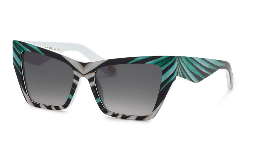 Sunglasses Roberto Cavalli SRC114V (0GB2) color fantasia nero/turchese/bianco lenses smoke gradient