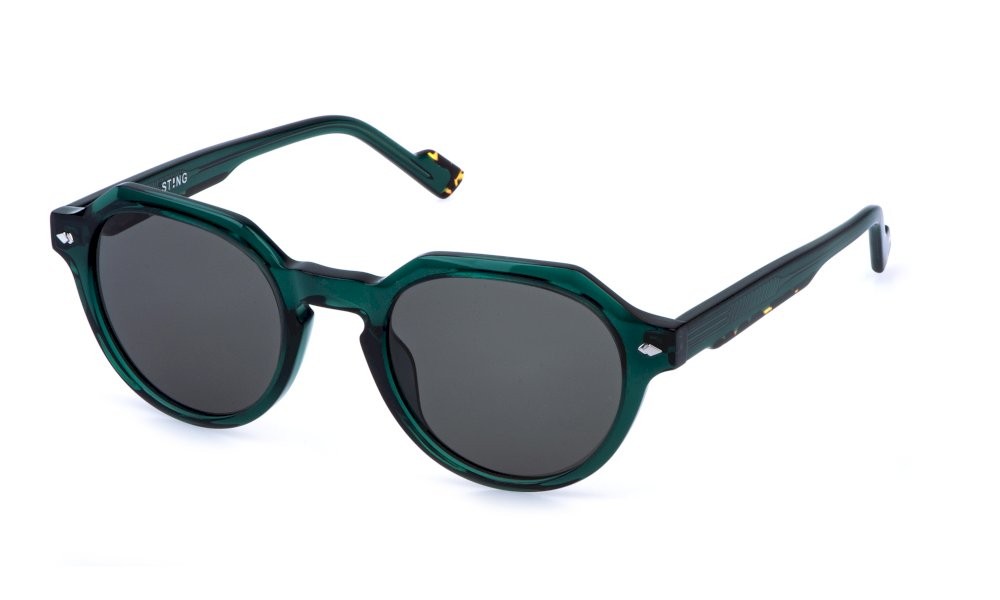 Occhiali da sole Sting SST571 (06HQ) colore verde bottiglia trasparente lucido lenti smoke