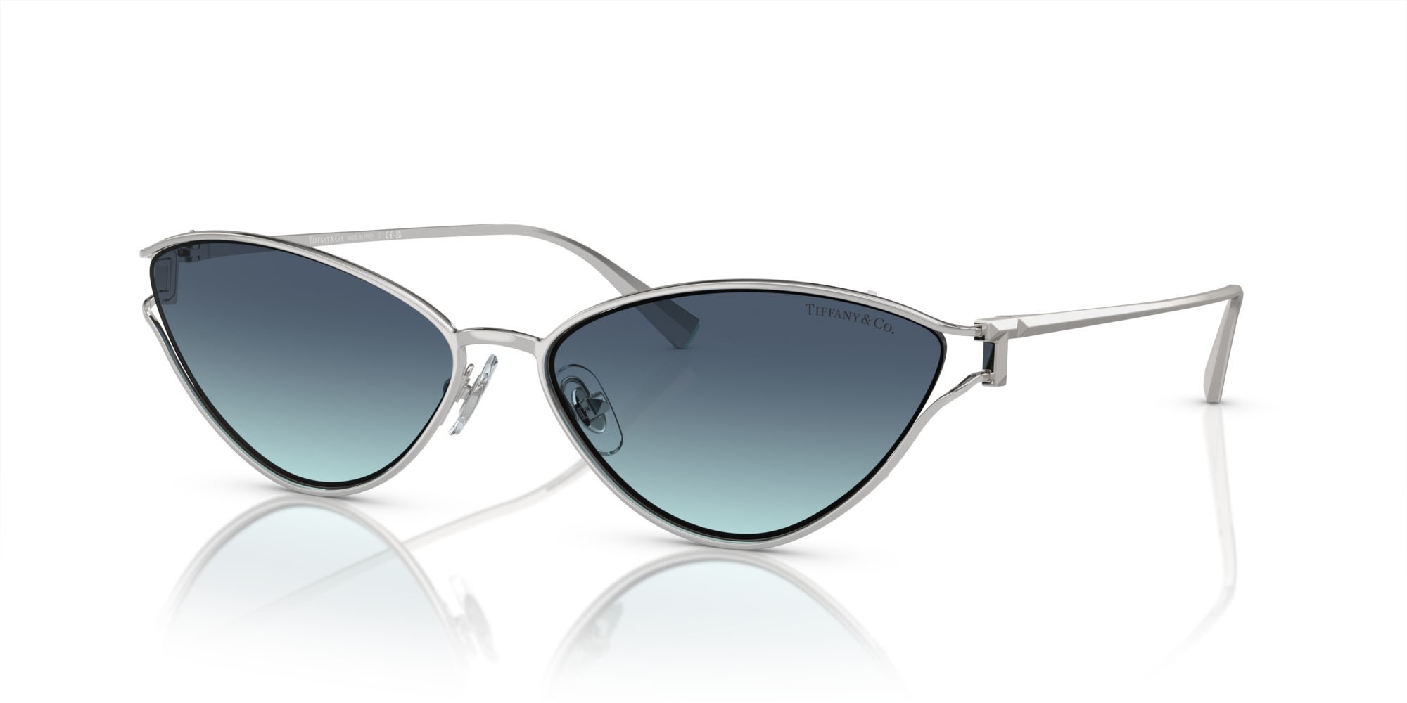 Occhiali da sole Tiffany TF 3095 (60019S) colore argento forma cat eye lenti azzurro sfumato blu