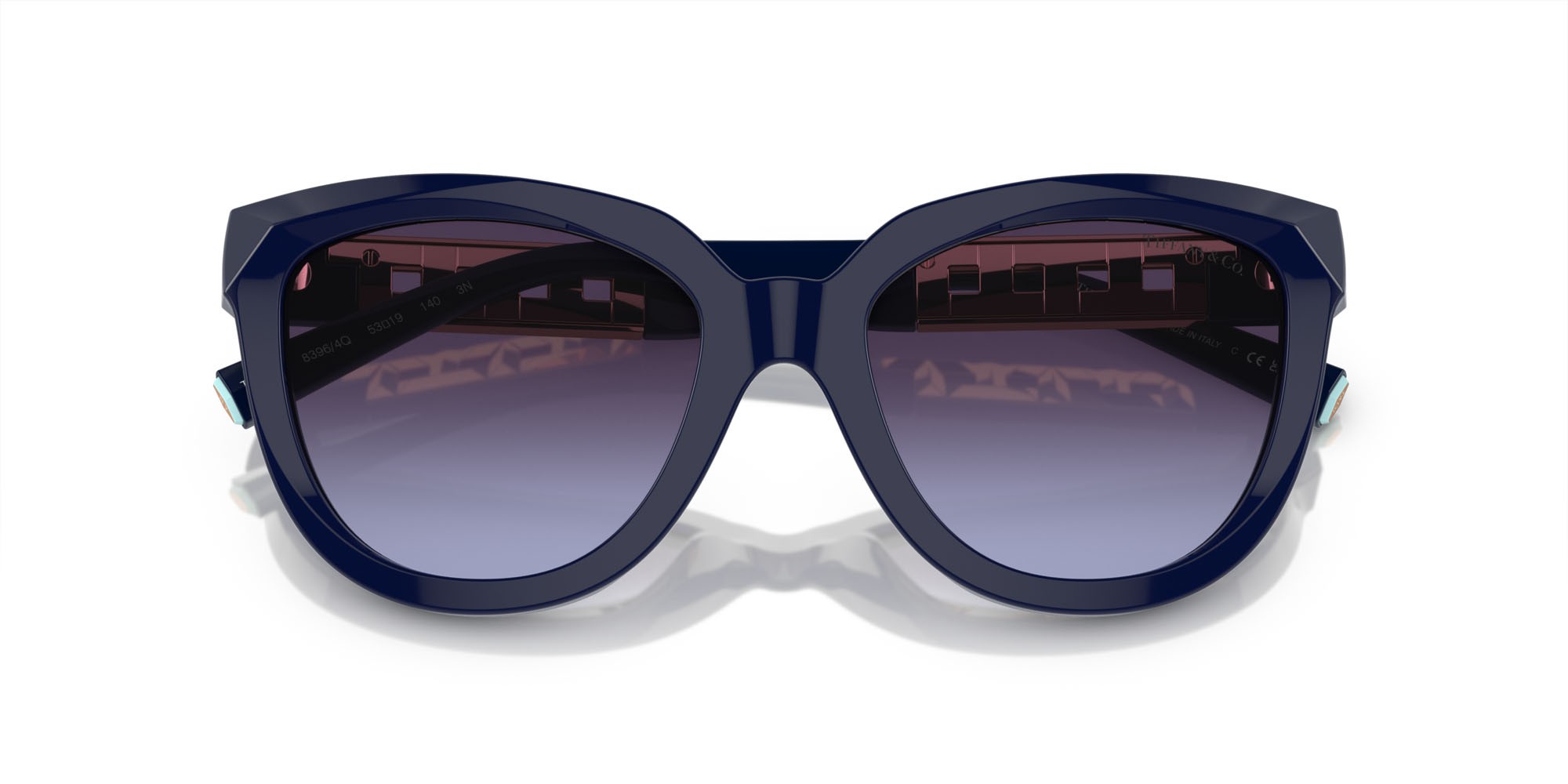 Sunglasses Tiffany TF 4215 (83964Q) color blu scuro shape cat eye lenses violetto sfumato grigio