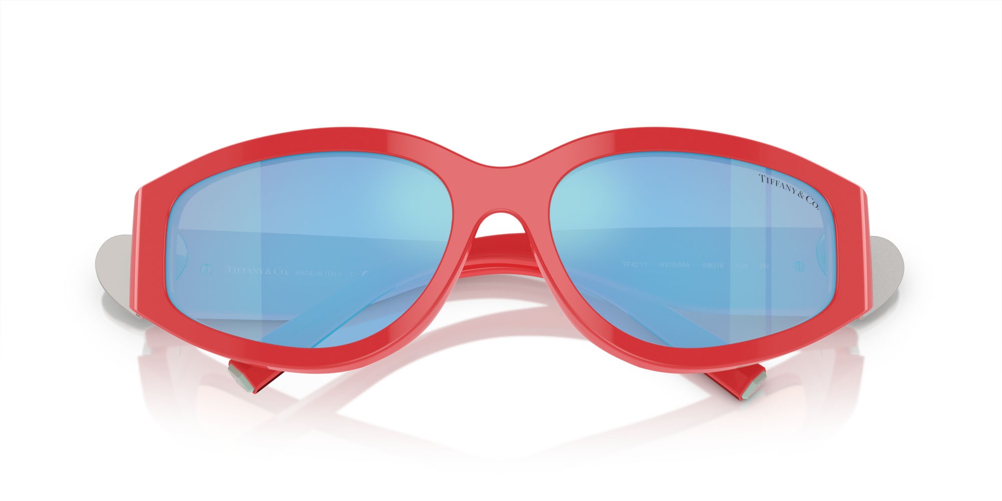 Sunglasses Tiffany TF 4217 (8370MA) color corallo shape irregular lenses rosa specchiata blu