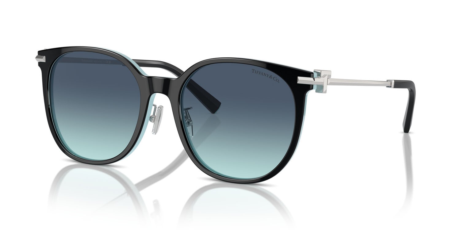 Sunglasses Tiffany TF 4224D (80559S) color nero su blu tiffany shape round lenses azzurro sfumato blu