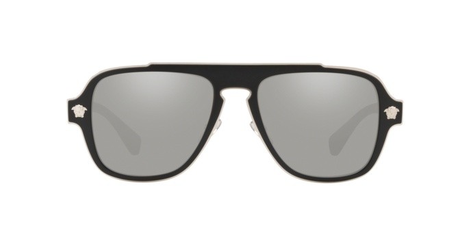 Occhiali da sole Versace Medusa Retro Charm VE 2199 (10006G) colore matte black forma irregolare lenti light grey mirror silver