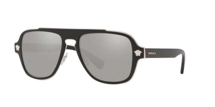 Occhiali da sole Versace Medusa Retro Charm VE 2199 (10006G) colore matte black forma irregolare lenti light grey mirror silver