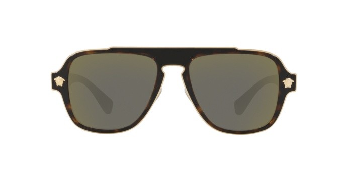 Occhiali da sole Versace Medusa Retro Charm VE 2199 (12524T) colore dark havana forma irregolare lenti dark grey mirror gold