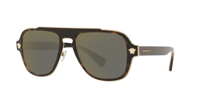 Occhiali da sole Versace Medusa Retro Charm VE 2199 (12524T) colore dark havana forma irregolare lenti dark grey mirror gold