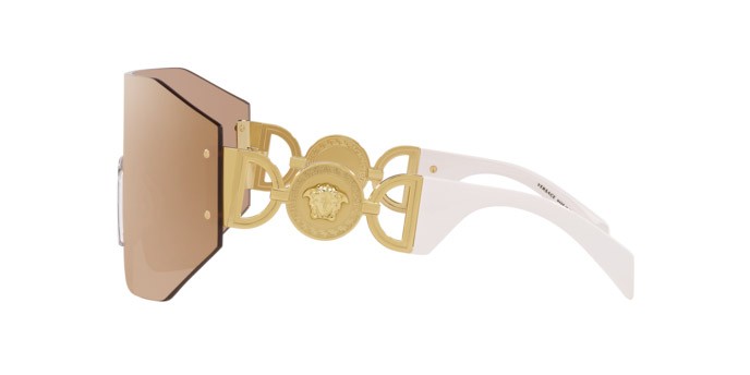 Occhiali da sole Versace VE 2258 (10027J) colore marrone scuro specchiato oro rosé forma irregolare lenti marrone scuro specchiato oro rosé
