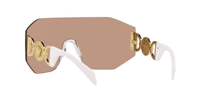 Occhiali da sole Versace VE 2258 (10027J) colore marrone scuro specchiato oro rosé forma irregolare lenti marrone scuro specchiato oro rosé