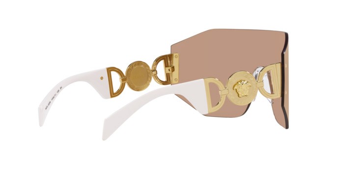 Occhiali da sole Versace VE 2258 (10027J) colore marrone scuro specchiato oro rosé forma irregolare lenti marrone scuro specchiato oro rosé