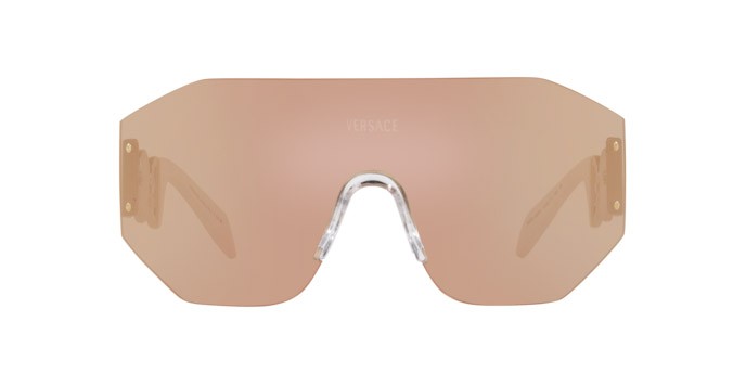 Occhiali da sole Versace VE 2258 (10027J) colore marrone scuro specchiato oro rosé forma irregolare lenti marrone scuro specchiato oro rosé