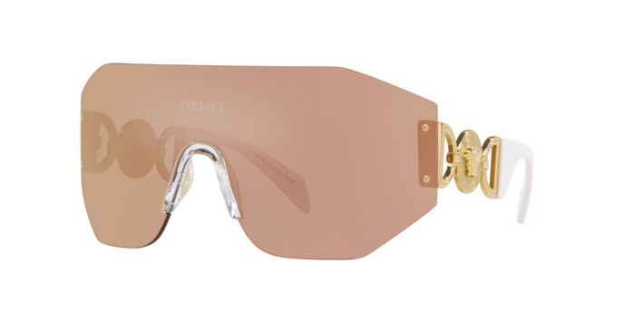 Occhiali da sole Versace VE 2258 (10027J) colore marrone scuro specchiato oro rosé forma irregolare lenti marrone scuro specchiato oro rosé