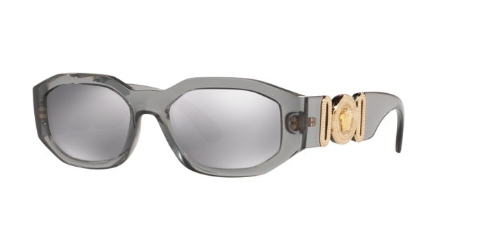 Occhiali da sole Versace Medusa Biggie VE 4361 (311/6G) colore transparent grey forma irregolare lenti light grey mirror silver 80