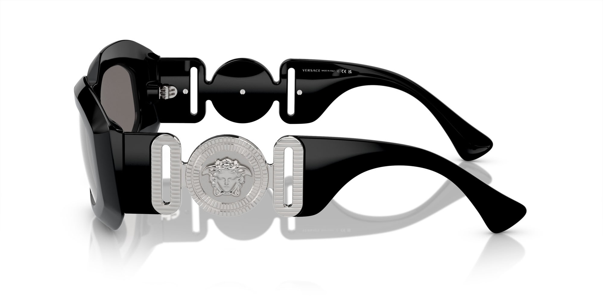Sunglasses Versace VE 4425U (54226G) color nero shape irregular lenses grigio chiaro specchiato argento 80