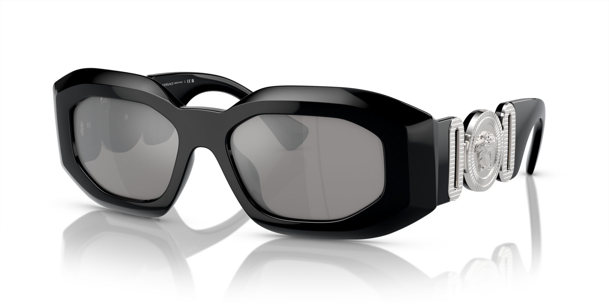 Sunglasses Versace VE 4425U (54226G) color nero shape irregular lenses grigio chiaro specchiato argento 80