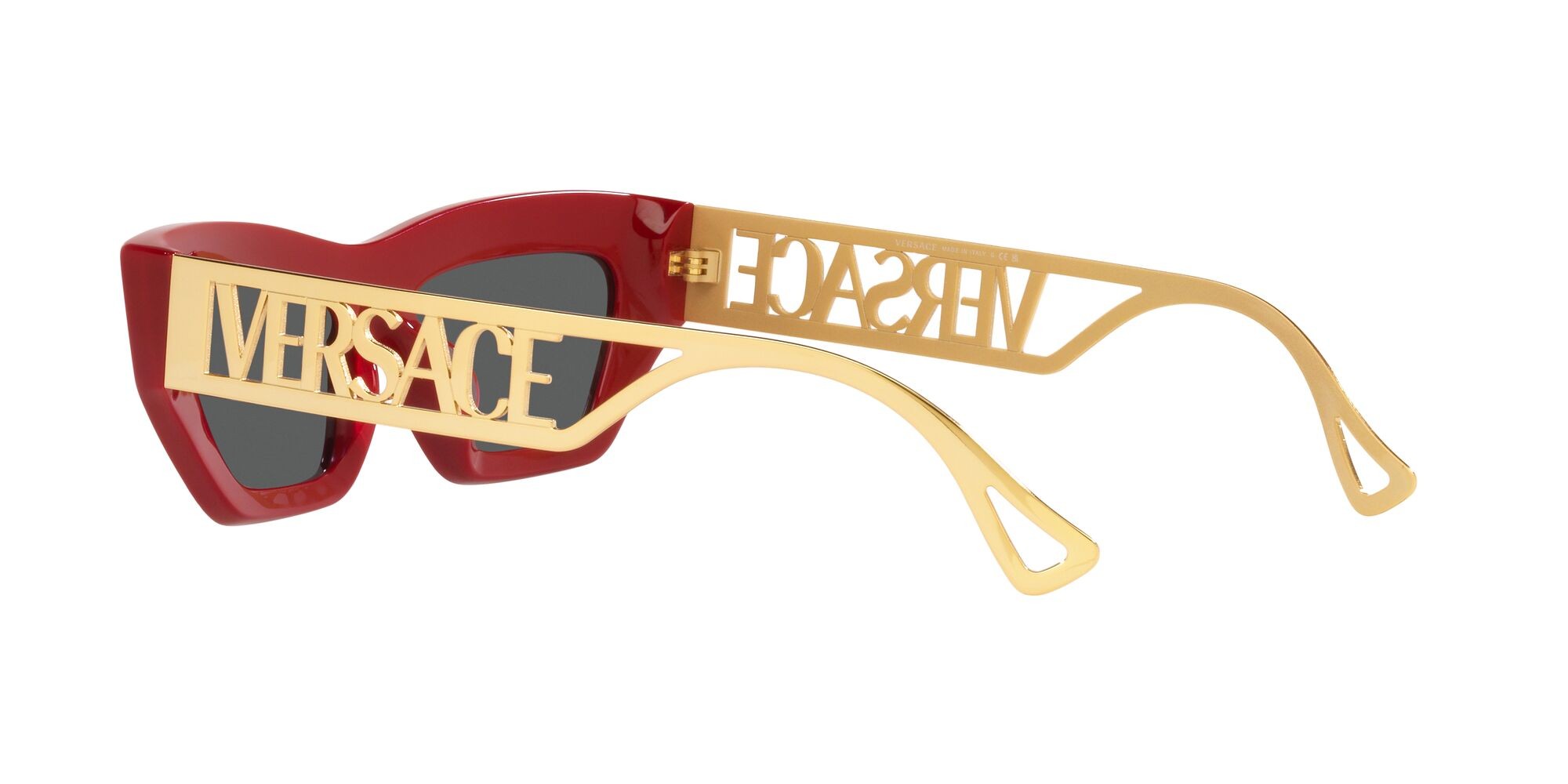 Sunglasses Versace VE 4432U (538887) color rosso shape irregular lenses grigio scuro