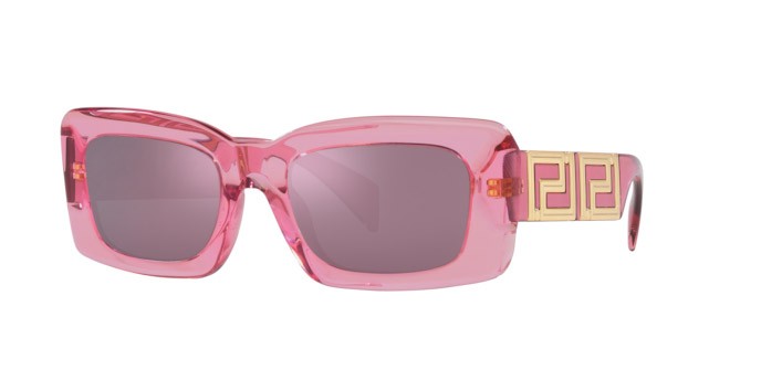 Occhiali da sole Versace VE 4444U (5355AK) colore rosa trasparente forma rettangolare lenti violetto con specchiatura argento interna