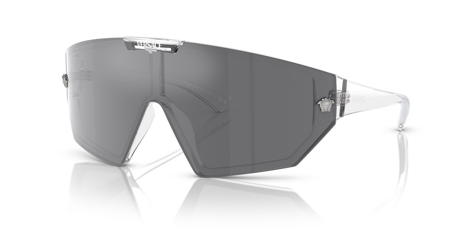 Occhiali da sole Versace VE 4461 (148/6V) colore cristallo forma irregolare lenti grey mirror black/mirror blue violet
