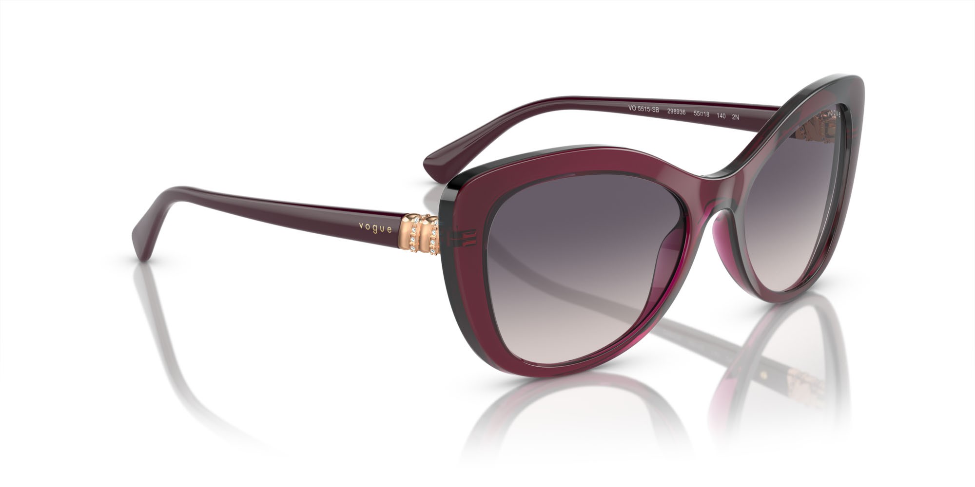 Sunglasses Vogue VO 5515SB (298936) color rosso ciliegia trasparente shape butterfly lenses rosa sfumato grigio scuro