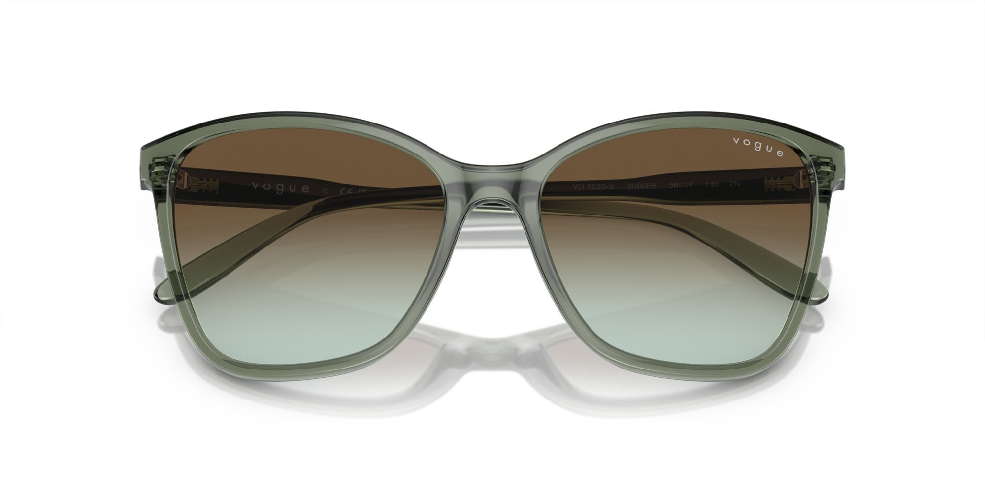 Occhiali da sole Vogue VO 5520S (3086E8) colore verde germano reale trasparente forma farfalla lenti verde sfumato marrone scuro