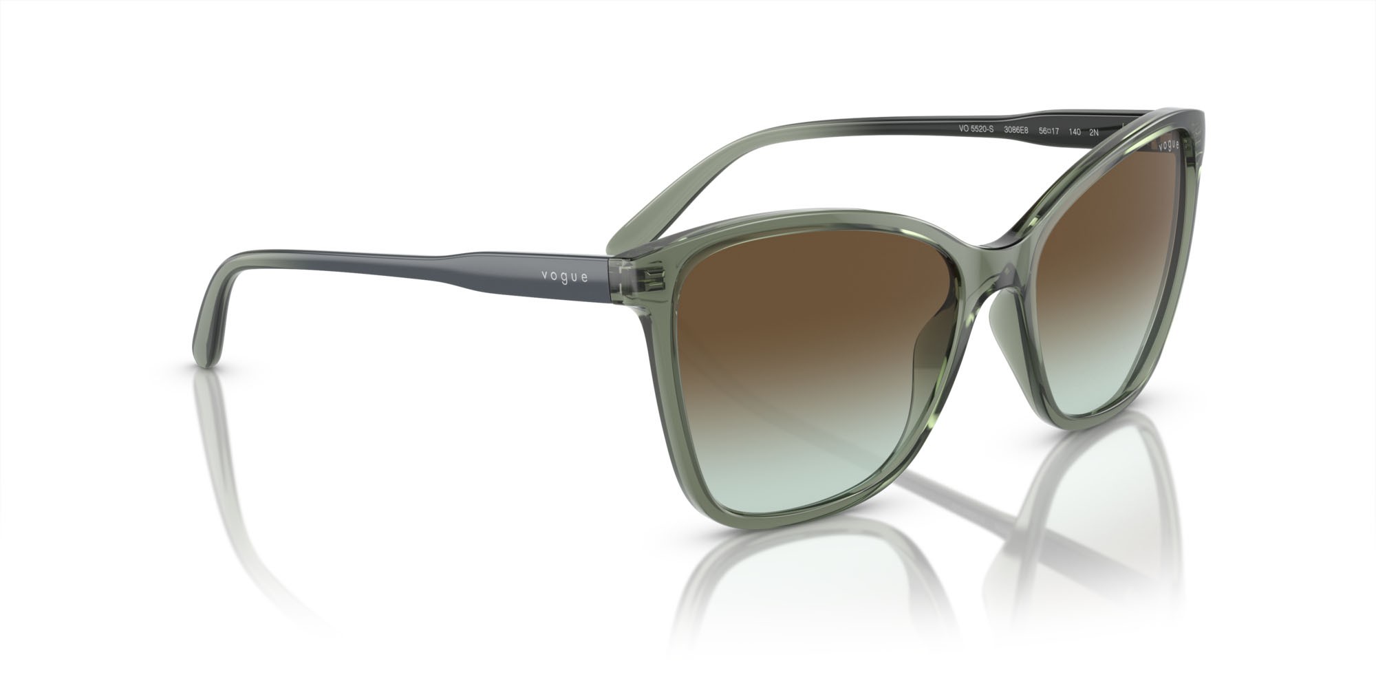 Occhiali da sole Vogue VO 5520S (3086E8) colore verde germano reale trasparente forma farfalla lenti verde sfumato marrone scuro