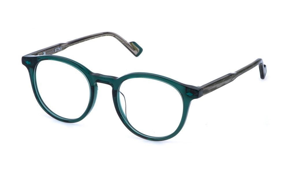 Eyeglasses Sting VST569 (06HQ) color verde bottiglia trasparente lucido 